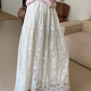 French White Lace Long Skirt Women High Waisted A-line Skirt Bohemia 2025 Spring Summer Clothes