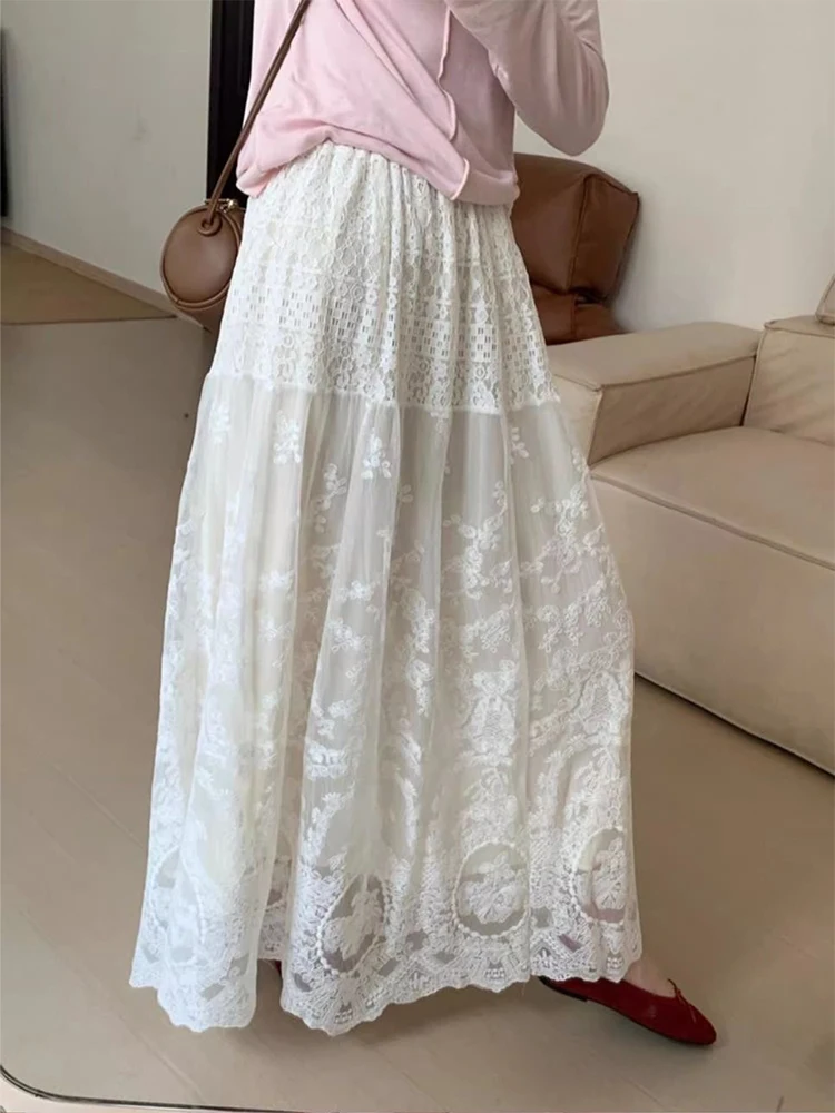 French White Lace Long Skirt Women High Waisted A-line Skirt Bohemia 2025 Spring Summer Clothes