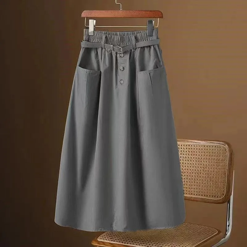 Women's A-Line Midi Skirt Elastic Waist Belted Casual Cotton Skirt - Image 3