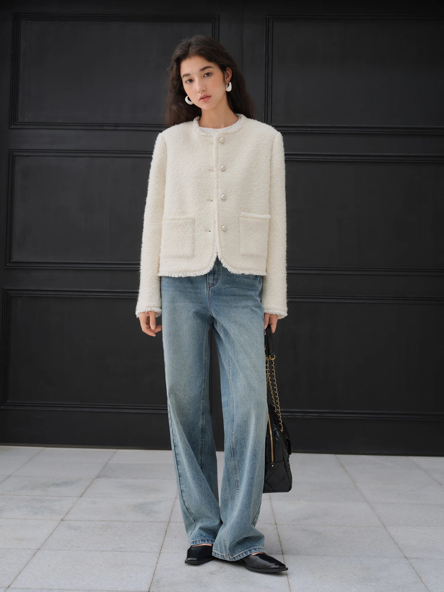 ZIQIAO Straight Shoulder Wool Sequined French Style Jacket for Women 2025 Autumn New White Top Elegant Ladies - Image 2