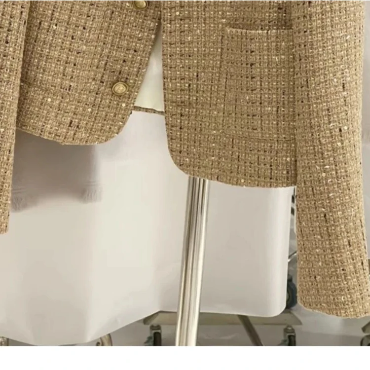 Elegant Cropped Tweed Wool Women's Jacket O-Neck Short Coat Solid Korean Style Golden French Look 2025 Autumn Fashion for Women - Image 6