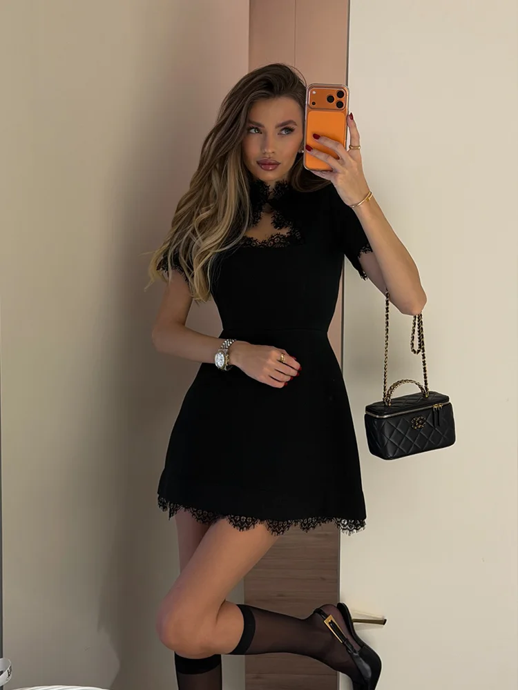 Lace Patchwork Hollow Out Bodycon Sheath High Collar Women Dresses Half Sleeves Outfits Sexy Club Fashion Female Mini Vestidos - Image 3