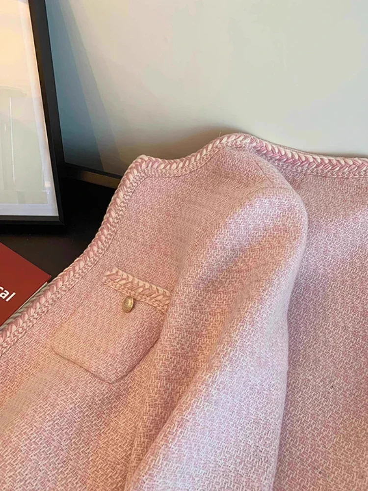Pink Sweet Tweed Jacket Women Korean Fashion O-Neck Short Outerwear Autumn and Winter New Single Breasted Elegant Cropped Coat - Image 4
