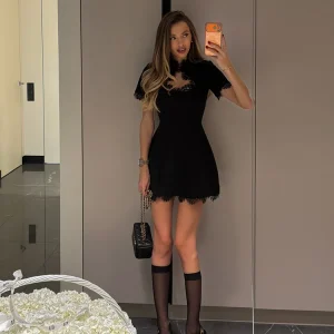 Lace Patchwork Hollow Out Bodycon Sheath High Collar Women Dresses Half Sleeves Outfits Sexy Club Fashion Female Mini Vestidos