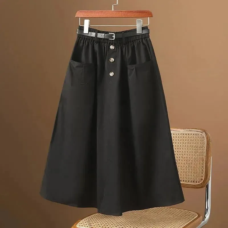 Women's A-Line Midi Skirt Elastic Waist Belted Casual Cotton Skirt - Image 6