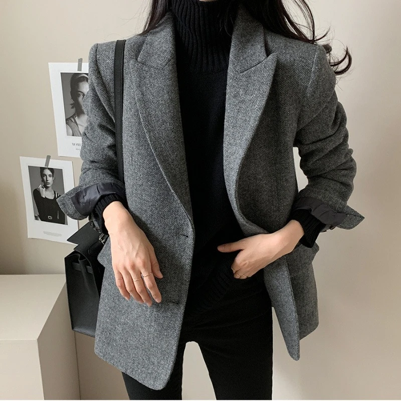 Retro Lapel Women's Blazer Spring Autumn Herringbone Woolen Long-Sleeved Suit Two-Button Loose Fit Coat for Women - Image 2