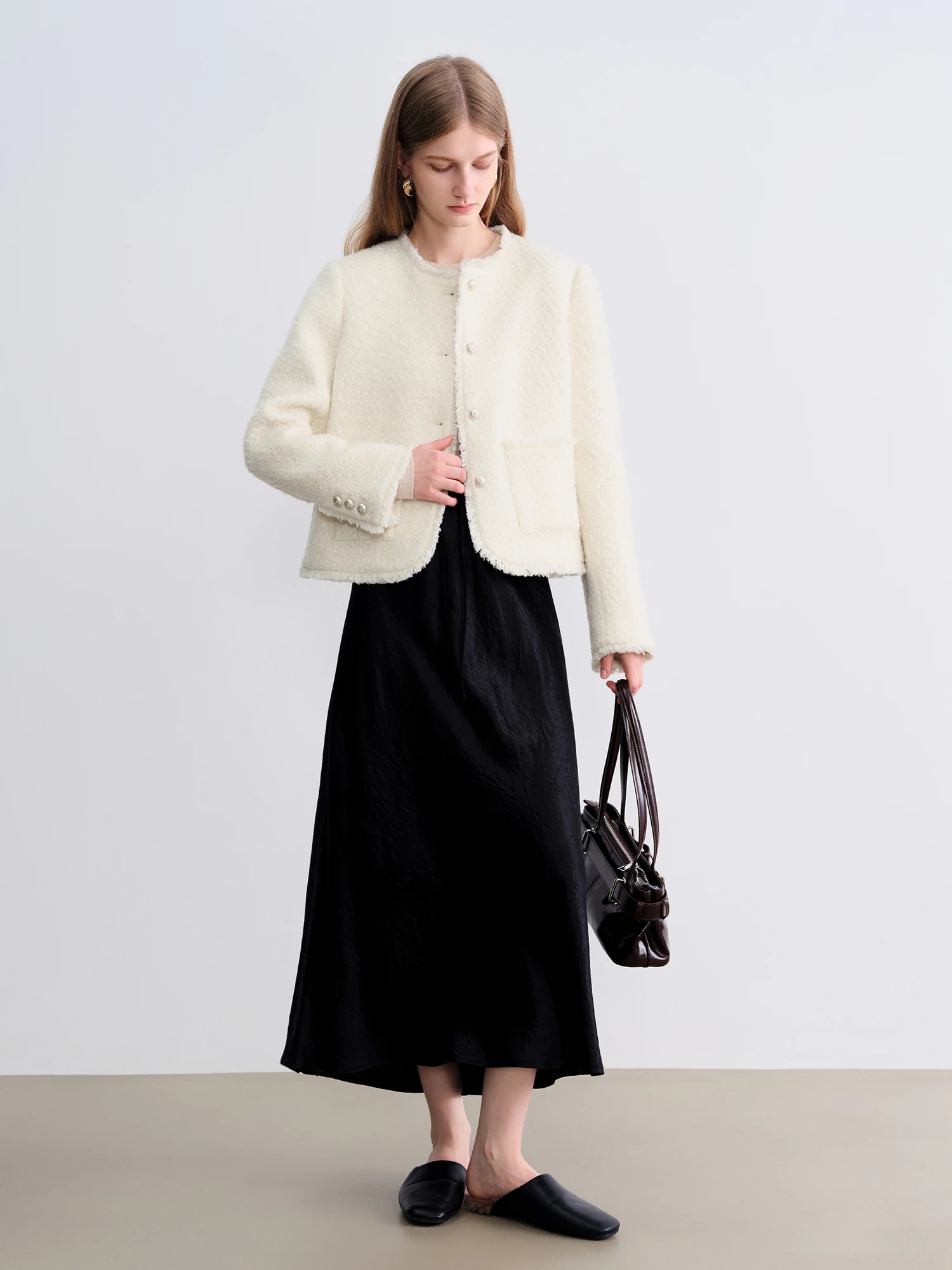 ZIQIAO Straight Shoulder Wool Sequined French Style Jacket for Women 2025 Autumn New White Top Elegant Ladies - Image 4