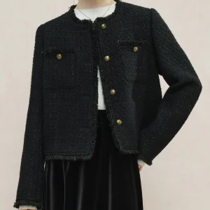 ZIQIAO Women Tweed Jackets Winter 23.4% Wool Black Temperament Short Wool Coats Round Neck Single Breasted Jacket 24ZQ94230