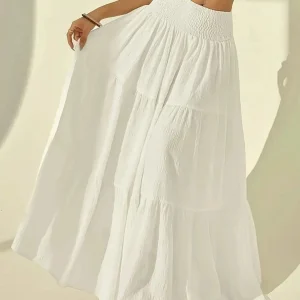 Women Fashion Tiered Maxi Skirt Elastic Waist Casual Solid Color A-line Faldas Mujer Holiday Streetwear Long Jupes