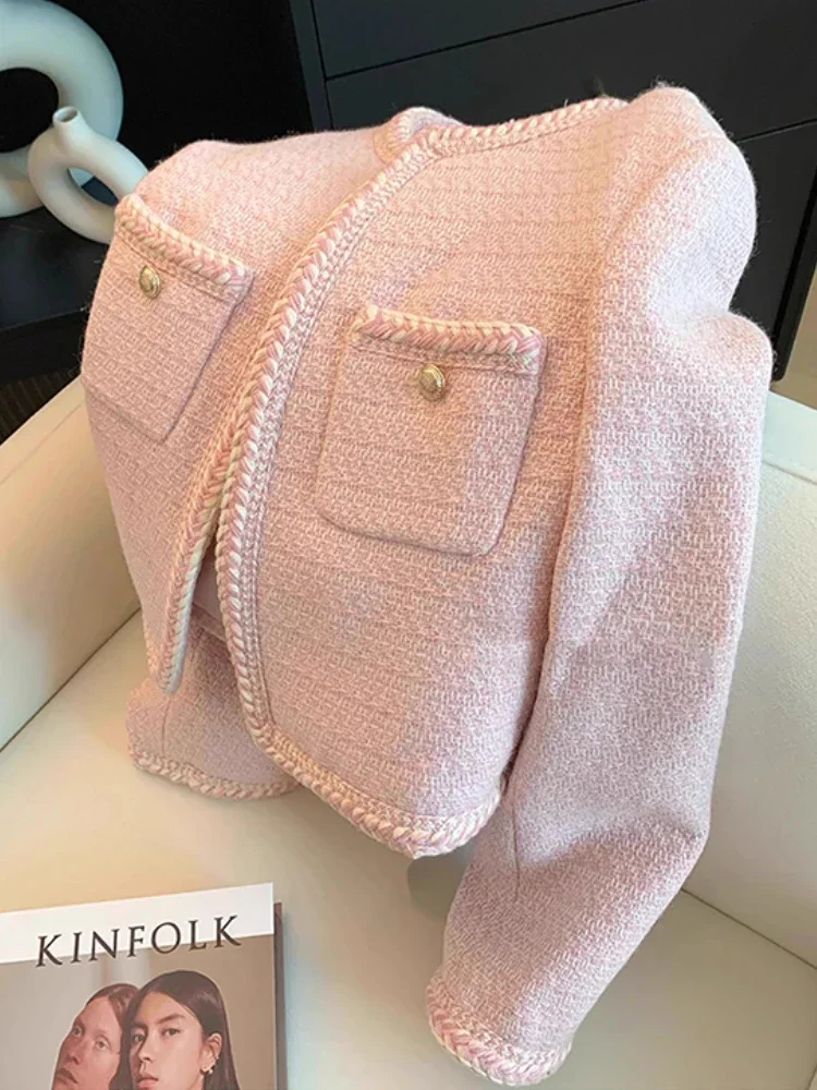 Pink Sweet Tweed Jacket Women Korean Fashion O-Neck Short Outerwear Autumn and Winter New Single Breasted Elegant Cropped Coat - Image 2