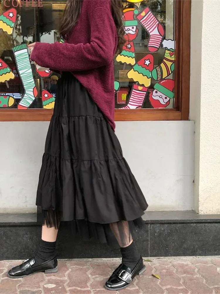 Long Tulle Midi Skirts Womens Autumn Elastic High Waist Mesh Tutu Pleated Skirts Female Black White Long Skirt Streetwear - Image 2