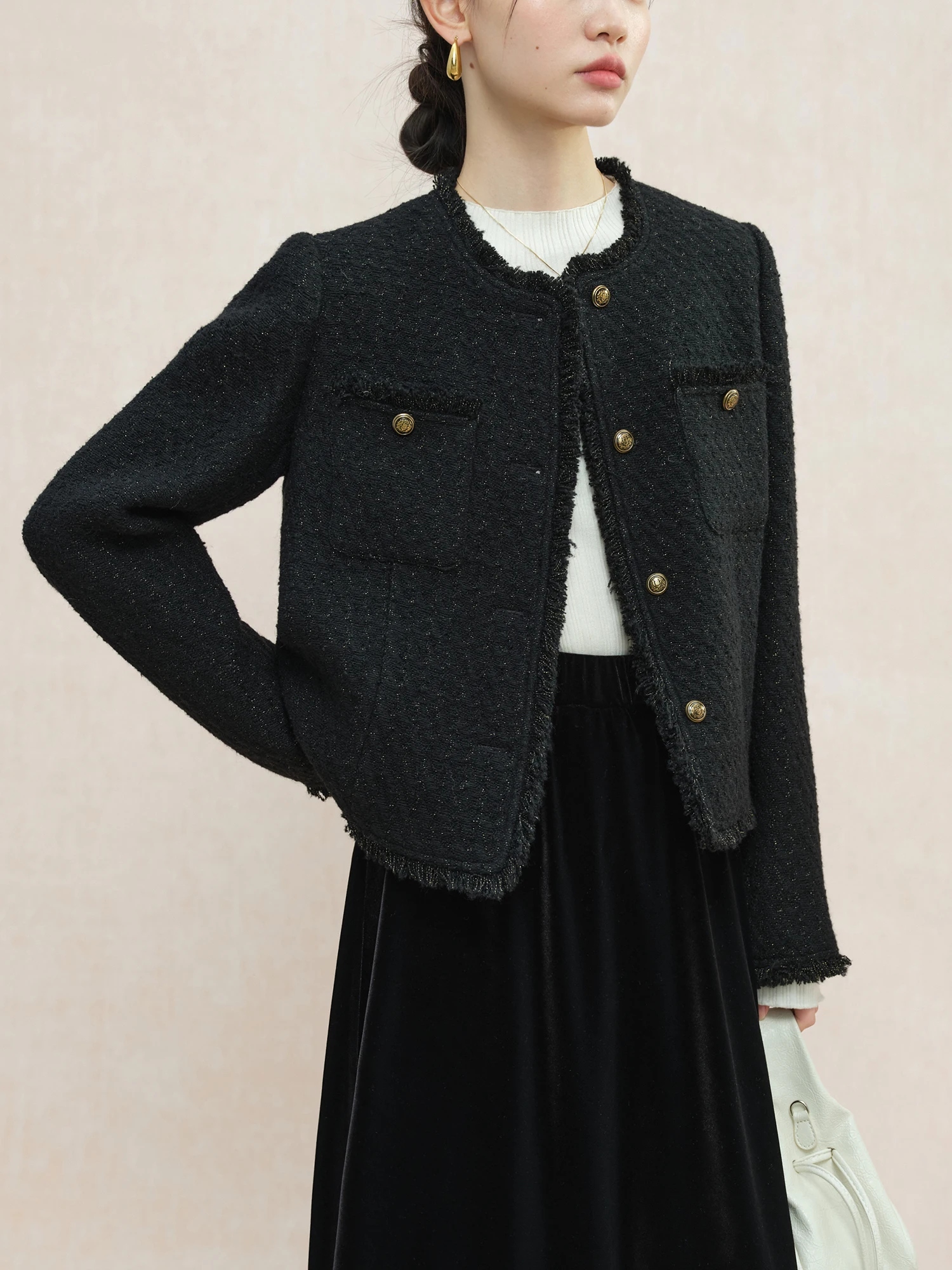 ZIQIAO Women Tweed Jackets Winter 23.4% Wool Black Temperament Short Wool Coats Round Neck Single Breasted Jacket 24ZQ94230 - Image 2