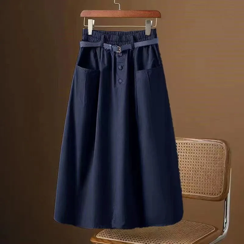 Women's A-Line Midi Skirt Elastic Waist Belted Casual Cotton Skirt - Image 4