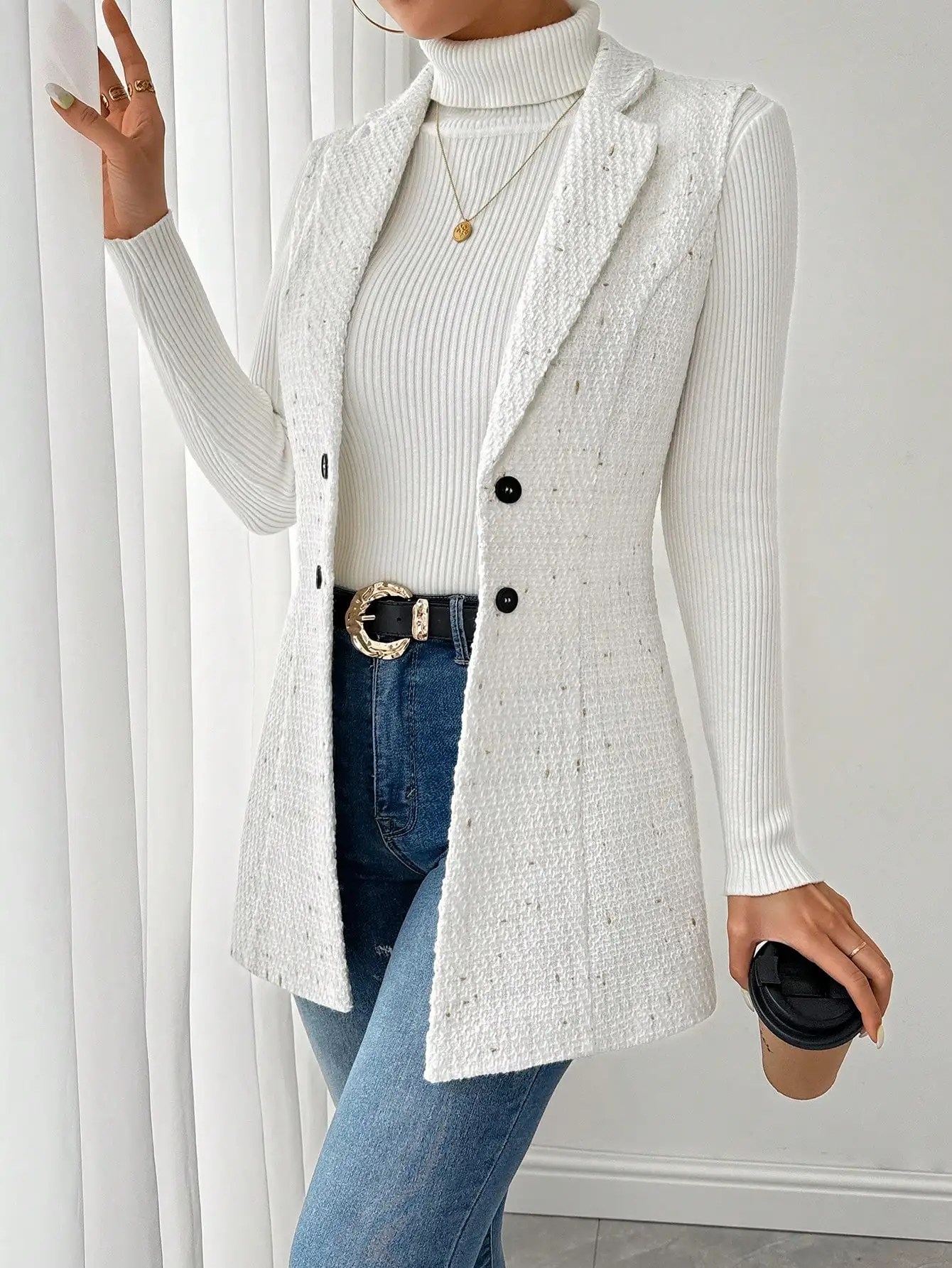 Women's White Tweed Vest Jacket with Polka Dot Pattern and Double Button Closure - Image 3