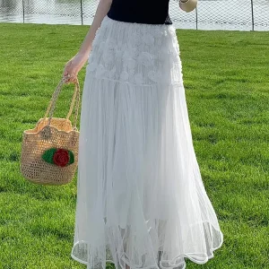 Elegant High-Waist A-Line Skirt 3D Rose Floral Mesh Overlay, Chic Winter Design, Lightweight Polyester, Non-Sheer - Perfect