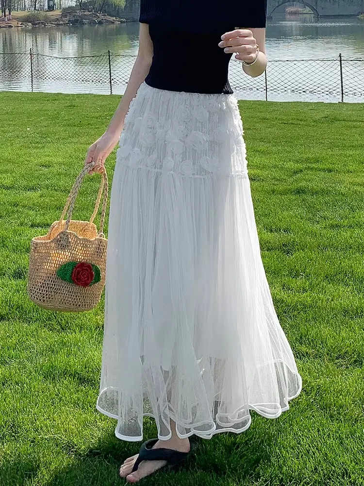 Elegant High-Waist A-Line Skirt 3D Rose Floral Mesh Overlay, Chic Winter Design, Lightweight Polyester, Non-Sheer - Perfect