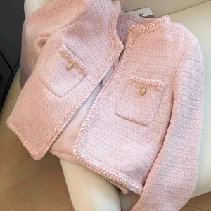Pink Sweet Tweed Jacket Women Korean Fashion O-Neck Short Outerwear Autumn and Winter New Single Breasted Elegant Cropped Coat