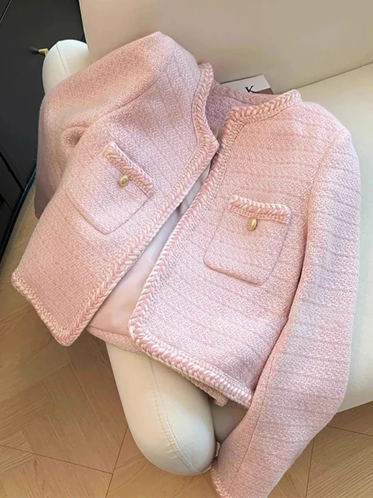 Pink Sweet Tweed Jacket Women Korean Fashion O-Neck Short Outerwear Autumn and Winter New Single Breasted Elegant Cropped Coat
