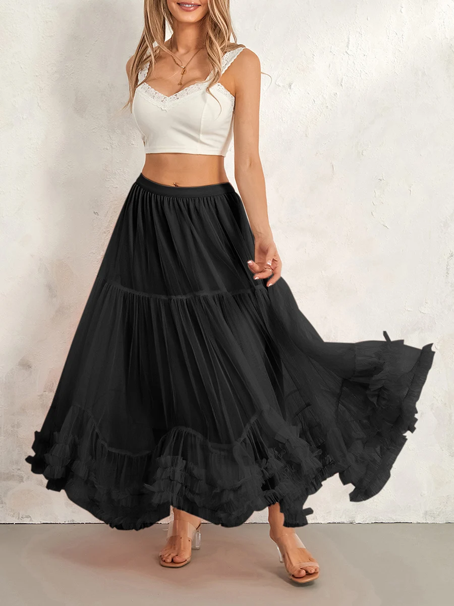 Women’s Tulle Long Skirts Elastic High Waist Ruffle Hem Tutu Skirts Fluffy A-line Midi Skirts - Image 3
