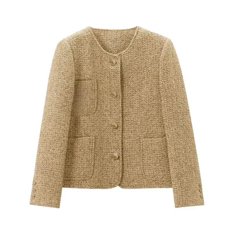 Elegant Cropped Tweed Wool Women's Jacket O-Neck Short Coat Solid Korean Style Golden French Look 2025 Autumn Fashion for Women - Image 2