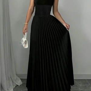 Black Women's Oversized Woven Dress Casual Bohemian Maxi Summer A-Line Long Dress with Pockets Full Length Clothing Black