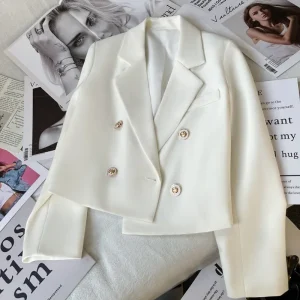 Women's Double Breasted Cropped Blazer Casual Office Wear Solid Color Suit Jacket Woman 2026 Spring Slim Fit Long Sleeve Blazers