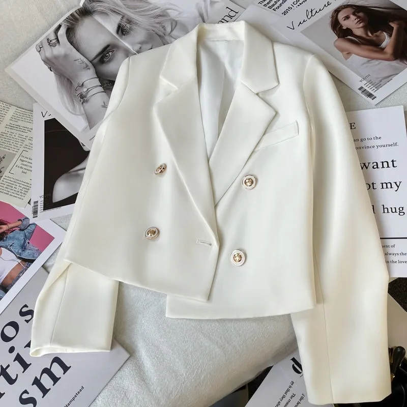 Women's Double Breasted Cropped Blazer Casual Office Wear Solid Color Suit Jacket Woman 2026 Spring Slim Fit Long Sleeve Blazers
