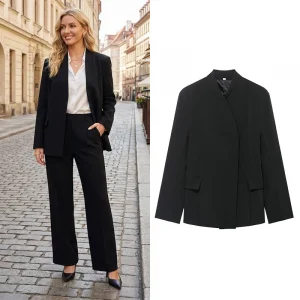 Willshela Women Fashion With Pockets Black Single Breasted Blazer Vintage Long Sleeves V-Neck Female Office Lady Outfits
