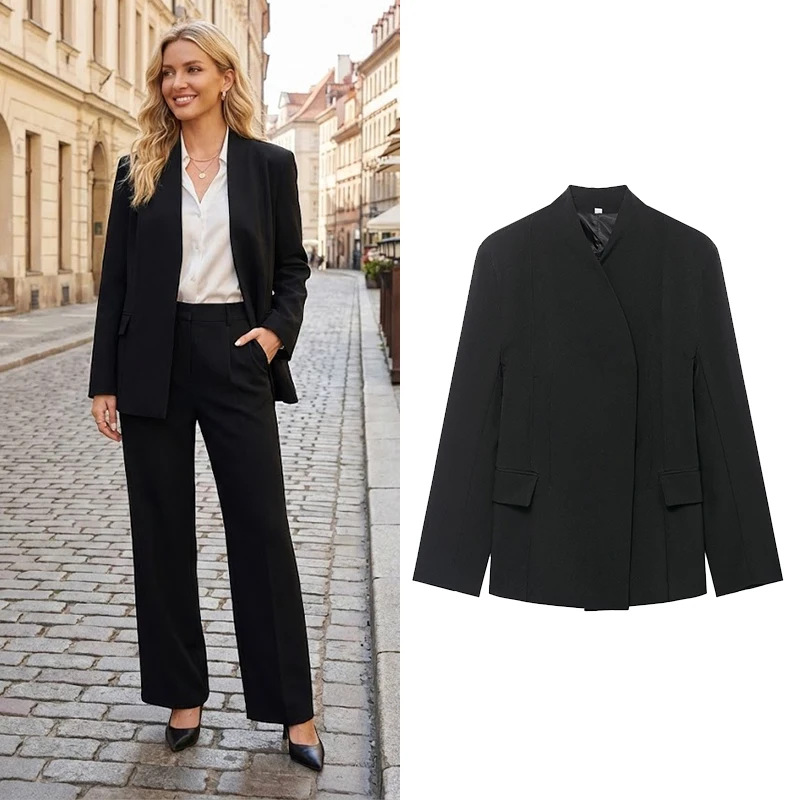 Willshela Women Fashion With Pockets Black Single Breasted Blazer Vintage Long Sleeves V-Neck Female Office Lady Outfits