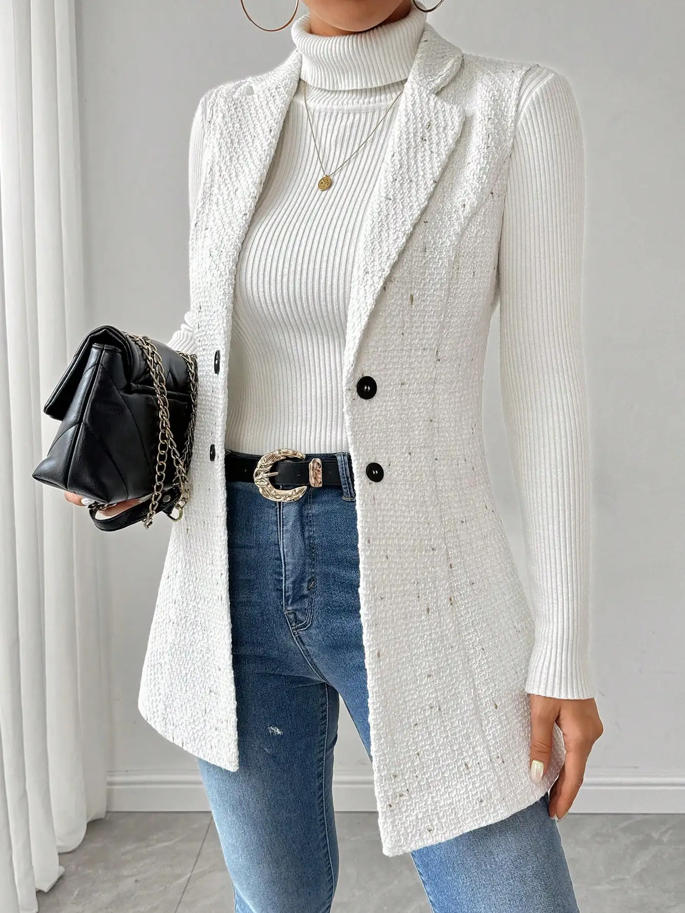 Women's White Tweed Vest Jacket with Polka Dot Pattern and Double Button Closure - Image 6