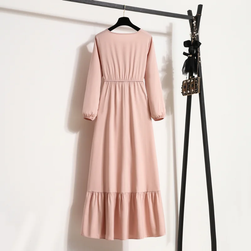 Spring Autumn Mujer Vestidos Solid Full Sleeve O-neck Casual Chiffon Dress Women Muslim Long Dress Solid Loose Maxi Dresses - Image 4