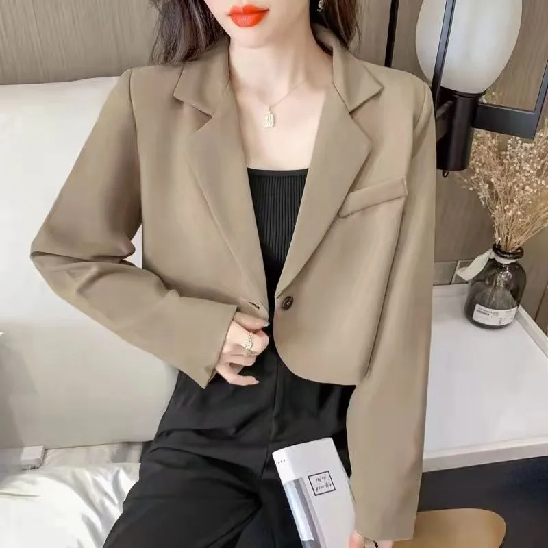 Spring Autumn Loose Cropped Blazer Jacket Women Korean Solid Color Single Button Blazer Woman Casual Long Sleve Suit Outerwear - Image 2