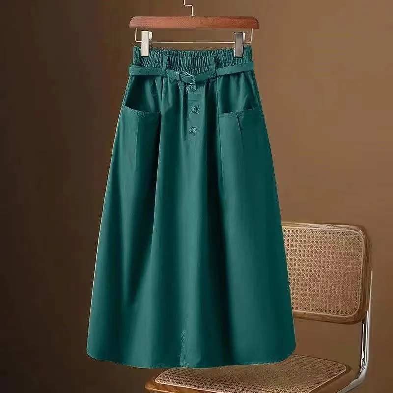 Women's A-Line Midi Skirt Elastic Waist Belted Casual Cotton Skirt - Image 5