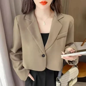 Spring Autumn Loose Cropped Blazer Jacket Women Korean Solid Color Single Button Blazer Woman Casual Long Sleve Suit Outerwear