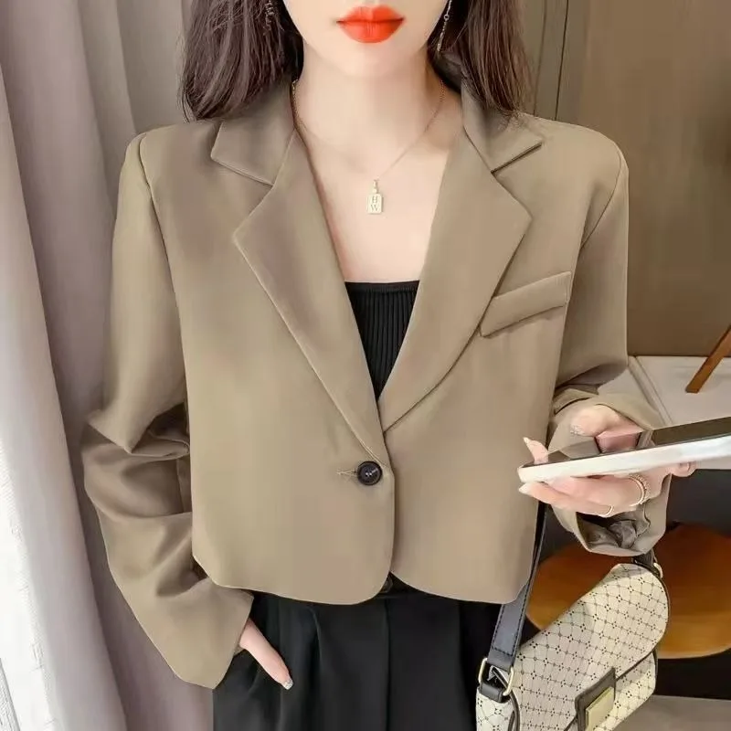 Spring Autumn Loose Cropped Blazer Jacket Women Korean Solid Color Single Button Blazer Woman Casual Long Sleve Suit Outerwear