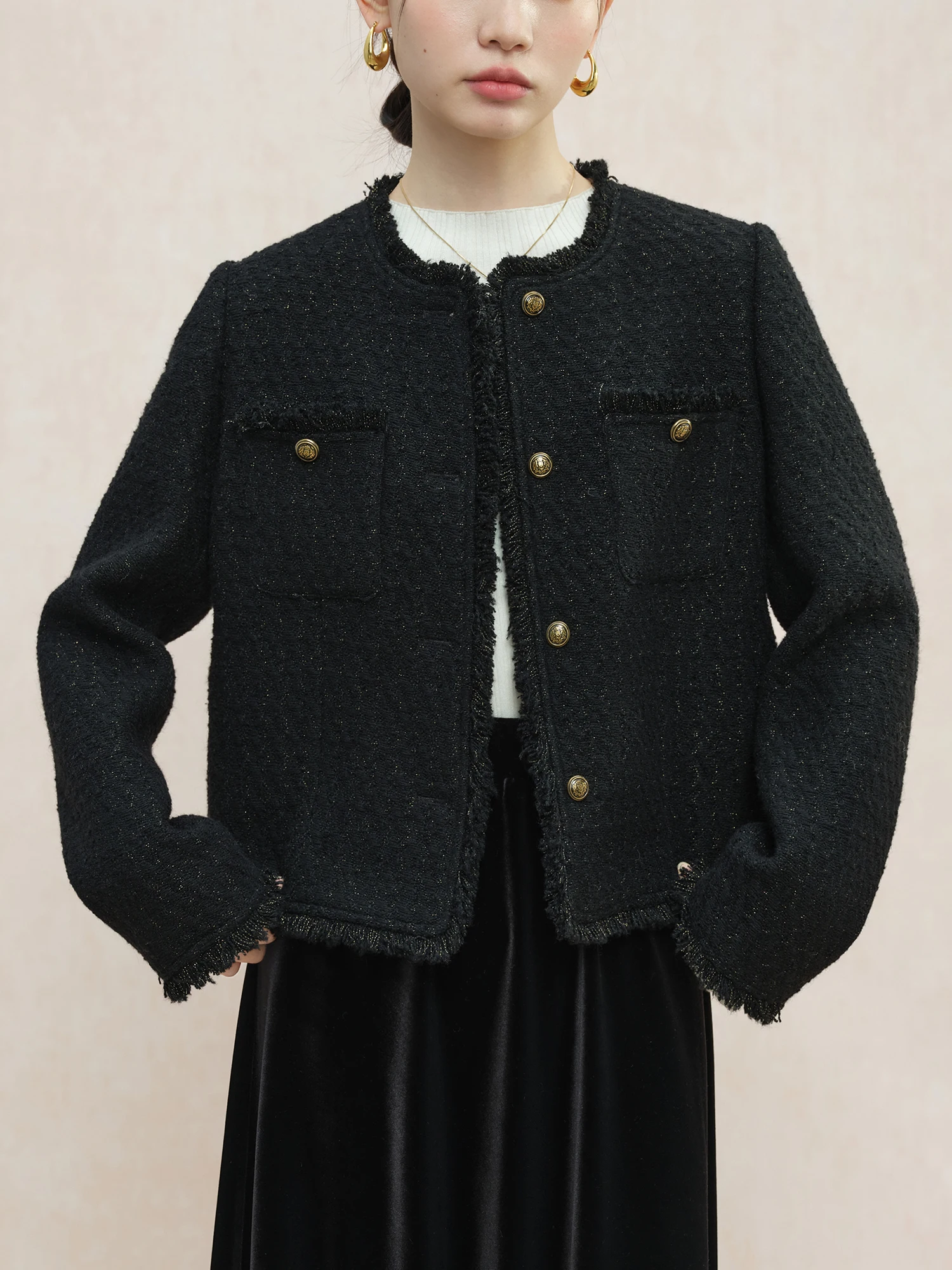 ZIQIAO Women Tweed Jackets Winter 23.4% Wool Black Temperament Short Wool Coats Round Neck Single Breasted Jacket 24ZQ94230 - Image 3