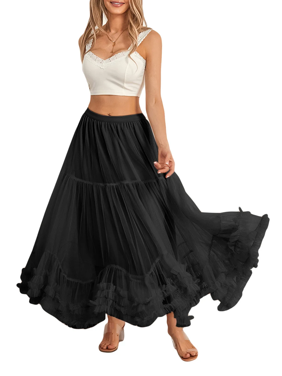 Women’s Tulle Long Skirts Elastic High Waist Ruffle Hem Tutu Skirts Fluffy A-line Midi Skirts - Image 2