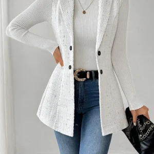Women's White Tweed Vest Jacket with Polka Dot Pattern and Double Button Closure
