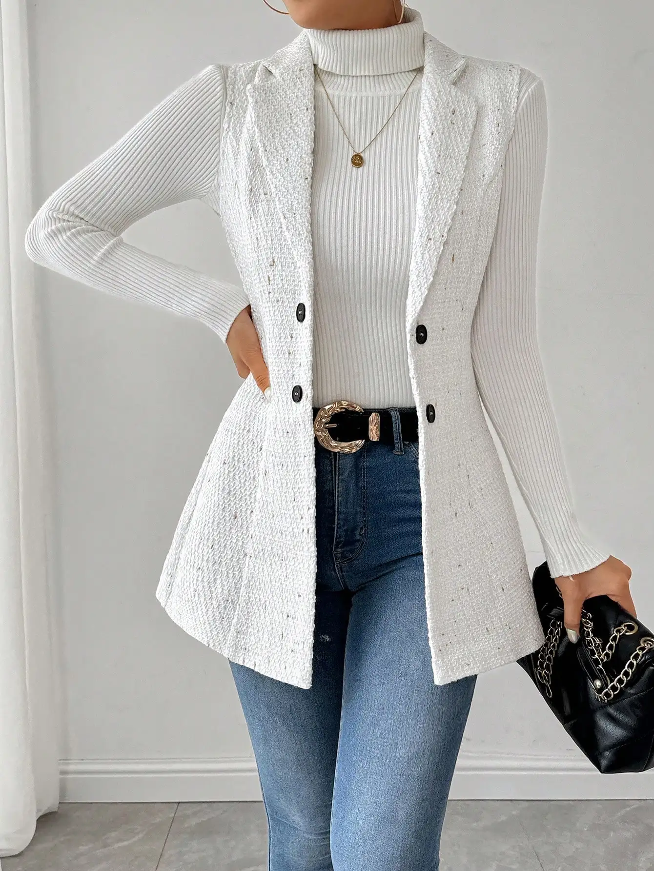 Women's White Tweed Vest Jacket with Polka Dot Pattern and Double Button Closure