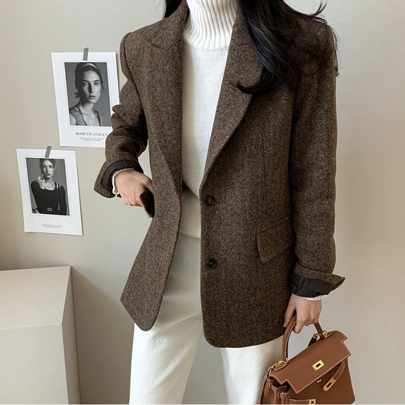 Retro Lapel Women's Blazer Spring Autumn Herringbone Woolen Long-Sleeved Suit Two-Button Loose Fit Coat for Women - Image 3