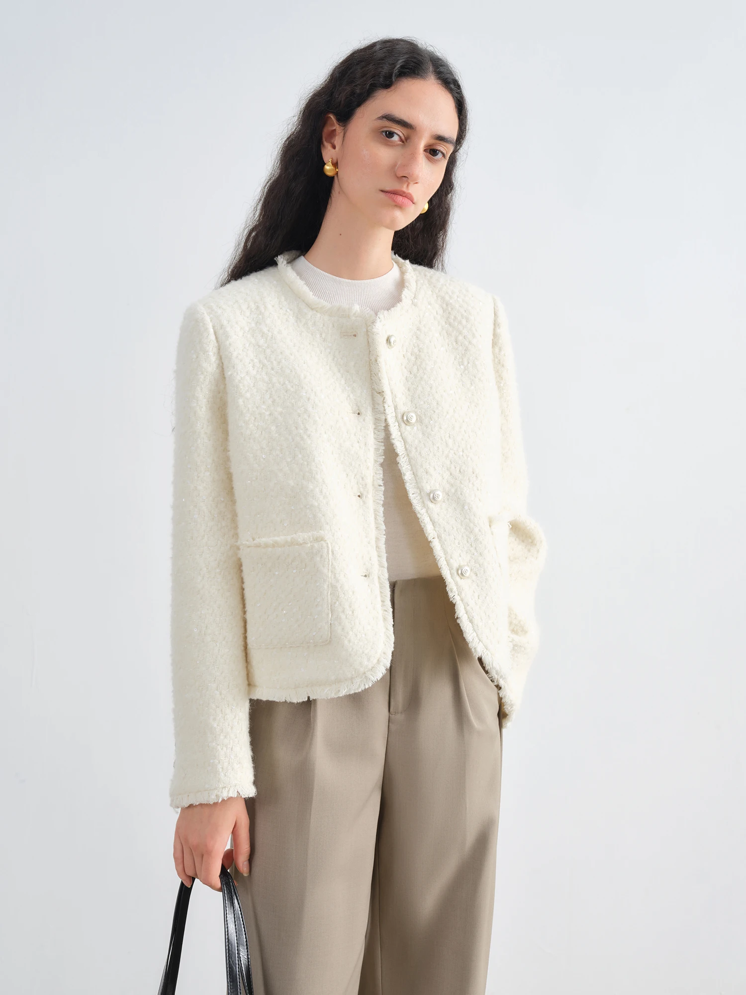 ZIQIAO Straight Shoulder Wool Sequined French Style Jacket for Women 2025 Autumn New White Top Elegant Ladies - Image 3