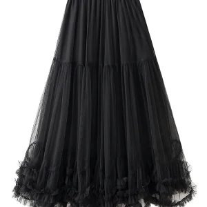 Women’s Tulle Long Skirts Elastic High Waist Ruffle Hem Tutu Skirts Fluffy A-line Midi Skirts