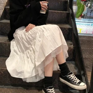 Long Tulle Midi Skirts Womens Autumn Elastic High Waist Mesh Tutu Pleated Skirts Female Black White Long Skirt Streetwear