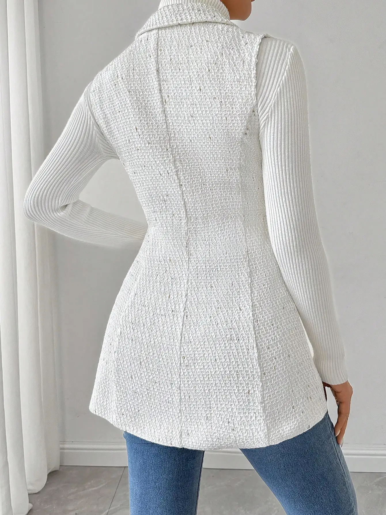 Women's White Tweed Vest Jacket with Polka Dot Pattern and Double Button Closure - Image 2