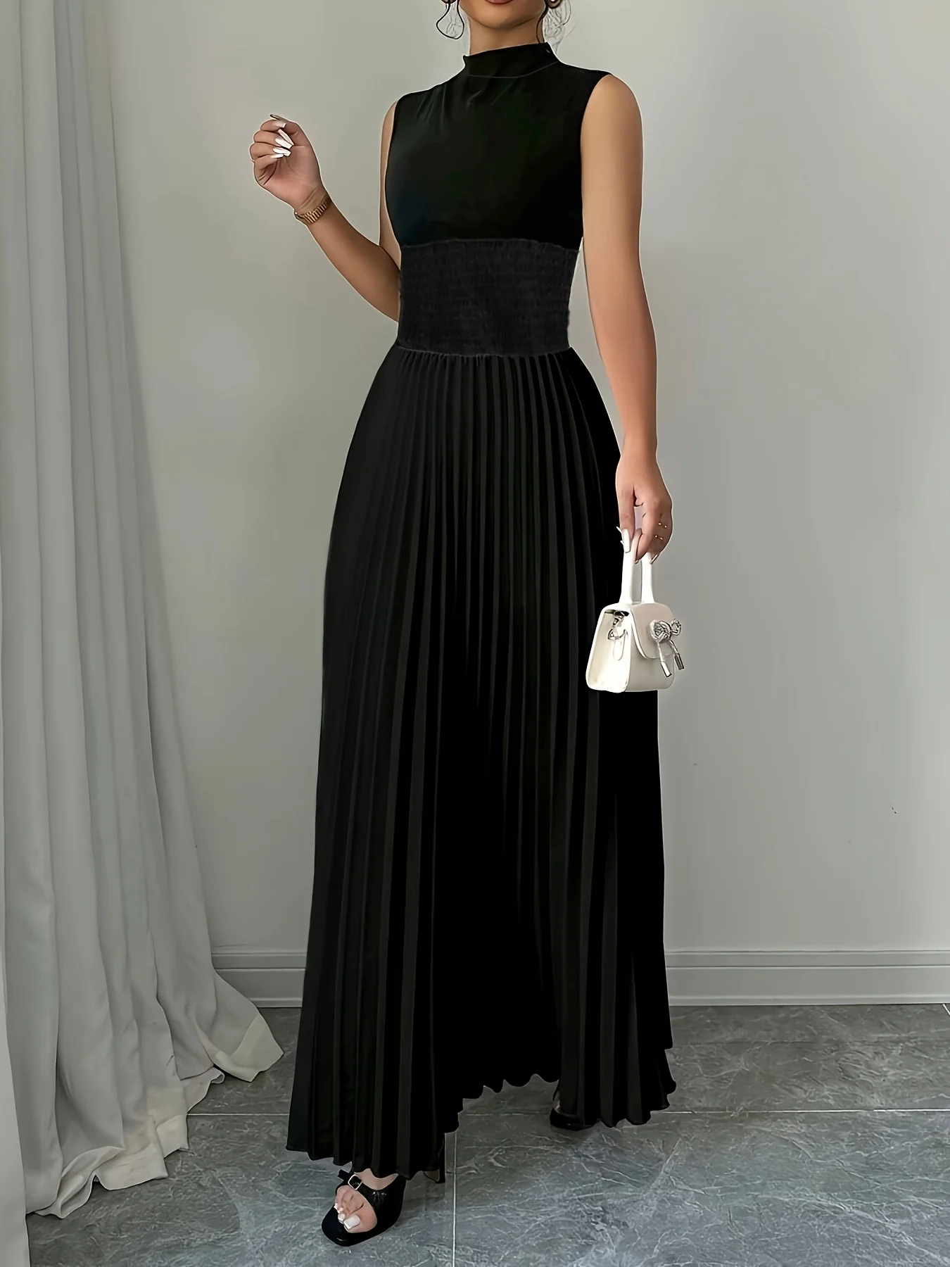 Black Women's Oversized Woven Dress Casual Bohemian Maxi Summer A-Line Long Dress with Pockets Full Length Clothing Black - Image 3