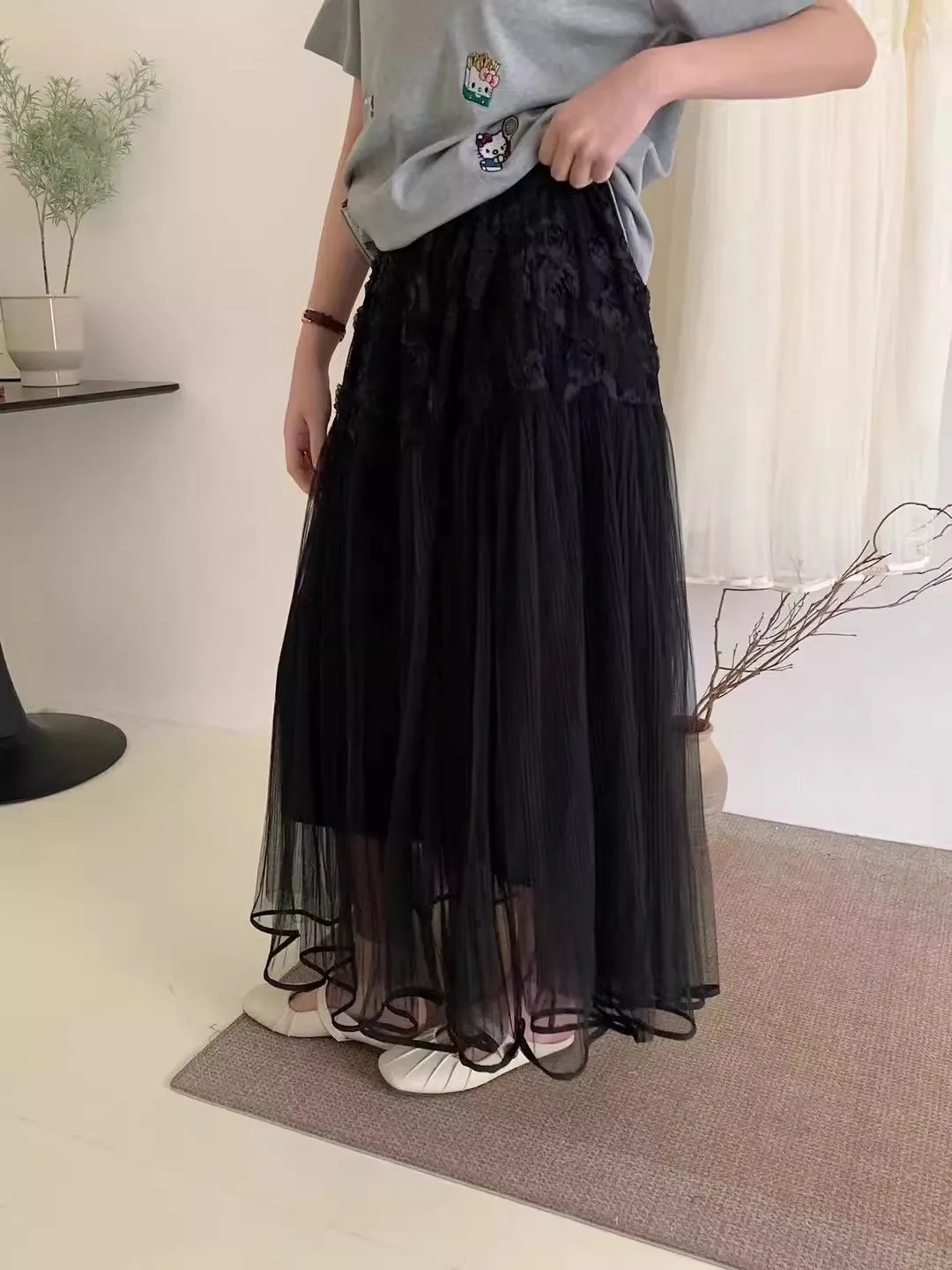 Elegant High-Waist A-Line Skirt 3D Rose Floral Mesh Overlay, Chic Winter Design, Lightweight Polyester, Non-Sheer - Perfect - Image 2