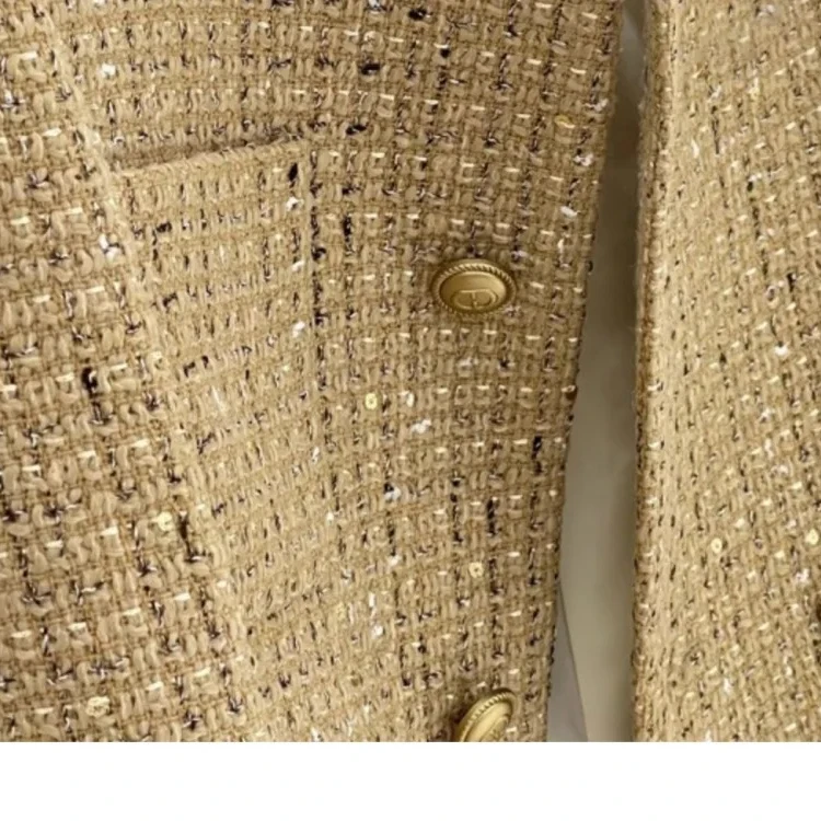 Elegant Cropped Tweed Wool Women's Jacket O-Neck Short Coat Solid Korean Style Golden French Look 2025 Autumn Fashion for Women - Image 5