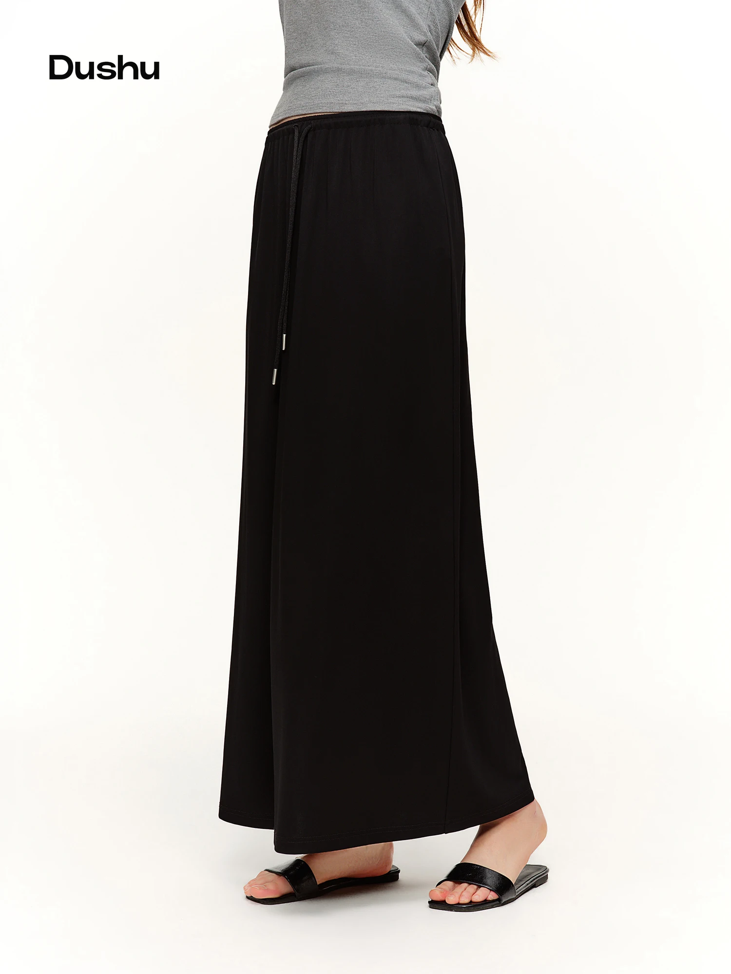 DUSHU Twilight Series Belted Flowing Straight-Cut Skirt 2026 Spring New Arrival Black Slimming Design Long Lenghth Loose Skirts