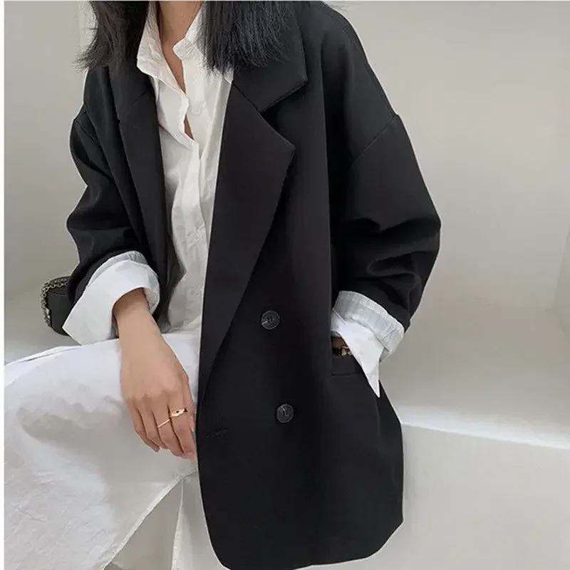 New 2025 Vintage Loose Women Solid Blazer Autumn Chic Double Breasted Female Long Sleeve Suit Jackets Stylish Ladies Blazers - Image 4