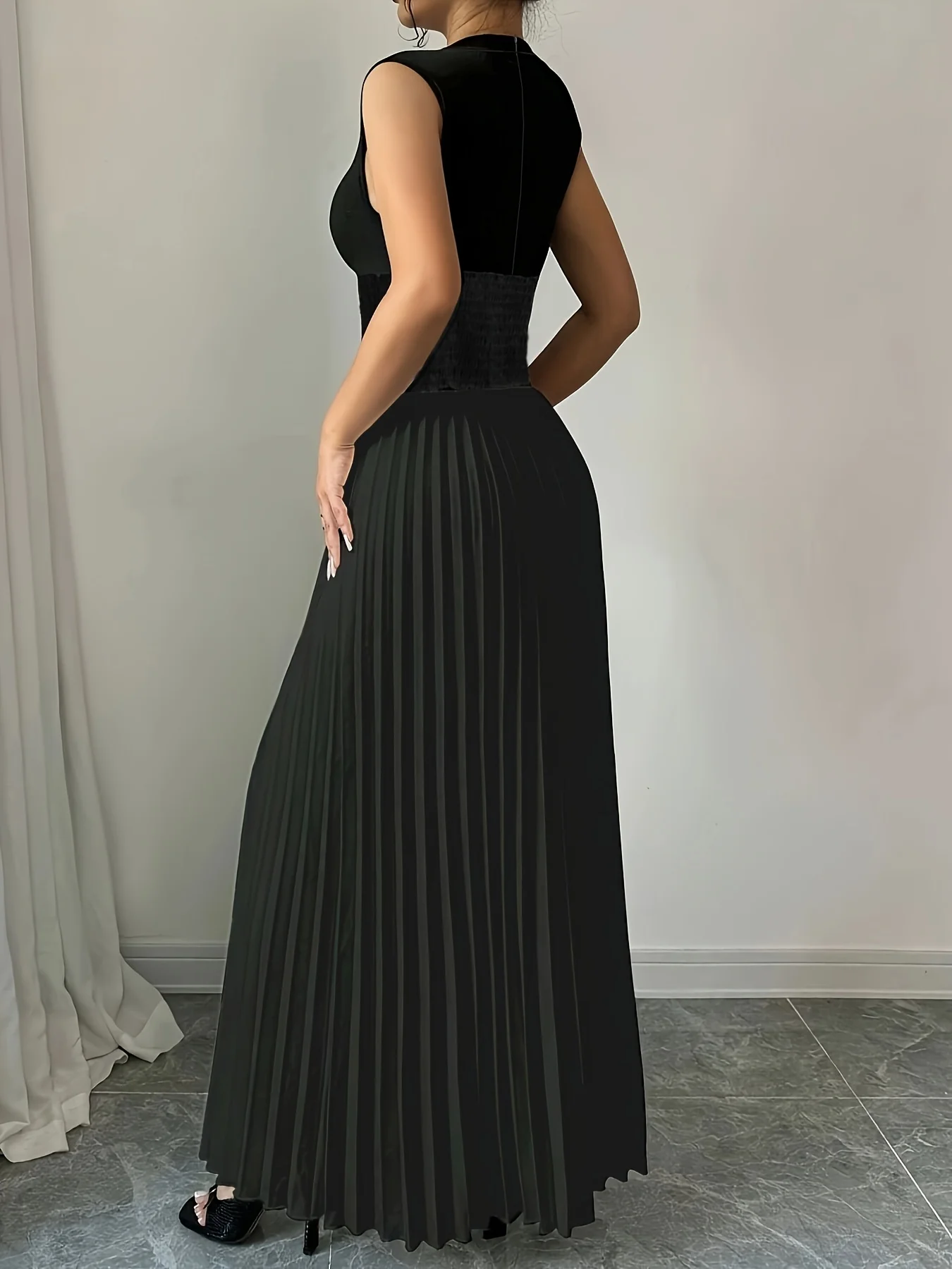 Black Women's Oversized Woven Dress Casual Bohemian Maxi Summer A-Line Long Dress with Pockets Full Length Clothing Black - Image 2
